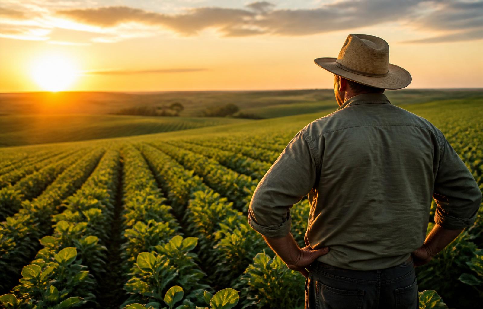 Agricultor observando sua lavoura ao entardecer